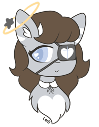 Size: 1024x1315 | Tagged: safe, artist:lolitablue, oc, oc only, earth pony, pony, bust, chest fluff, choker, earth pony oc, eyepatch, female, halo, mare, signature, simple background, smiling, solo, transparent background