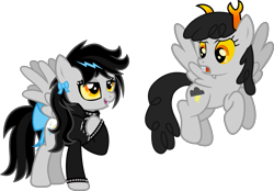 Size: 2330x1620 | Tagged: safe, artist:lightningbolt, derpibooru exclusive, oc, oc only, oc:lightning dee, pegasus, pony, mlp fim's tenth anniversary, g4, .svg available, bow, choker, clothes, colored sclera, confused, duo, duo female, dyed mane, fangs, female, flying, happy birthday mlp:fim, homestuck, hoodie, hoof on chest, horns, open mouth, raised hoof, self ponidox, show accurate, simple background, spiked choker, spiked wristband, spread wings, svg, tail bow, transparent background, troll (homestuck), vector, vulgar description, wings, wristband