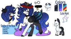 Size: 1900x1048 | Tagged: safe, artist:silentwolf-oficial, oc, oc only, alicorn, bat pony, bat pony alicorn, pony, bat wings, collar, colored hooves, ethereal mane, eyes closed, floral head wreath, flower, glasses, horn, raised hoof, reference sheet, simple background, starry mane, transparent background, wings
