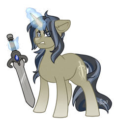 Size: 878x938 | Tagged: safe, artist:silentwolf-oficial, oc, oc only, pony, unicorn, glowing horn, horn, magic, signature, simple background, solo, sword, telekinesis, transparent background, unicorn oc, weapon
