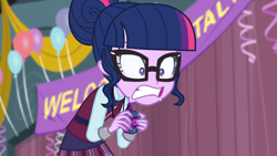 Size: 1920x1080 | Tagged: safe, screencap, sci-twi, twilight sparkle, equestria girls, g4, my little pony equestria girls: friendship games, balloon, clothes, faic, female, glasses, magic capture device, shocked, solo, surprised, teeth