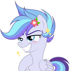 Size: 2600x2605 | Tagged: safe, artist:mint-light, oc, oc only, pegasus, pony, commission, flower, flower in hair, grin, high res, hoof on chest, pegasus oc, simple background, smiling, smug, solo, transparent background, wings, ych result