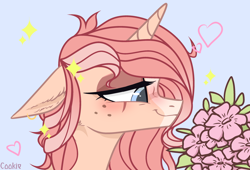 Size: 3000x2044 | Tagged: safe, artist:mint-light, oc, oc only, pony, unicorn, blushing, bouquet, bust, commission, flower, freckles, heart, high res, horn, signature, smiling, solo, unicorn oc, ych result