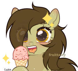 Size: 1435x1313 | Tagged: safe, artist:mint-light, oc, oc only, earth pony, pony, :d, bust, commission, earth pony oc, eyelashes, food, hoof hold, ice cream, ice cream cone, open mouth, simple background, solo, transparent background, ych result