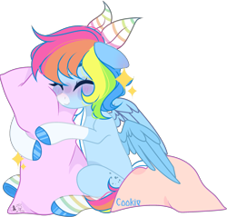 Size: 2329x2230 | Tagged: safe, artist:mint-light, oc, oc only, pegasus, pony, blushing, clothes, commission, eyes closed, high res, hoof polish, hug, multicolored hair, not rainbow dash, pegasus oc, pillow, pillow hug, rainbow hair, signature, simple background, socks, solo, striped socks, transparent background, wings, ych result