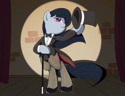 Size: 917x706 | Tagged: safe, artist:vinilyart, octavia melody, earth pony, pony, g4, bipedal, clothes, hat, leotard, light, metal, shoes, solo, standing on two hooves, stick, top hat, tuxedo