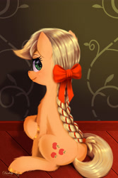 Size: 3000x4500 | Tagged: safe, artist:darksly, applejack, earth pony, pony, g4, alternate hairstyle, braid, braided ponytail, chest fluff, freckles, hoof fluff, hoof shoes, looking at you, looking back, looking back at you, ribbon, sitting, solo