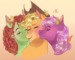 Size: 655x523 | Tagged: safe, artist:bunnari, applejack, cheerilee, tree hugger, earth pony, pony, g4, alternate hairstyle, applehugger, applejack gets all the mares, applejack's hat, blushing, cheek kiss, cheeriapplehugger, cheerihugger, cheerijack, cowboy hat, eyes closed, female, flower, flower in hair, freckles, hat, kiss sandwich, kissing, lesbian, mare, open mouth, orange background, polyamory, shipping, simple background