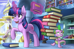 Size: 3300x2200 | Tagged: safe, artist:kaylerustone, spike, twilight sparkle, dragon, pony, unicorn, mlp fim's tenth anniversary, g4, book, bookshelf, carrying, duo, glowing horn, happy birthday mlp:fim, high res, horn, hourglass, library, magic, open mouth, raised hoof, stack, telekinesis, that pony sure does love books, twilight's canterlot home, unicorn twilight