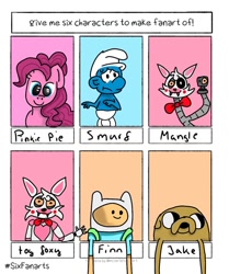 Size: 1004x1200 | Tagged: safe, artist:nellys.life22, pinkie pie, dog, earth pony, human, pony, anthro, g4, adventure time, animatronic, anthro with ponies, bust, clothes, crossover, female, finn the human, five nights at freddy's, foxy, hat, jake the dog, male, mangle, mare, six fanarts, smurfs