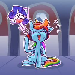 Size: 1024x1024 | Tagged: safe, artist:thegreatrouge, rainbow dash, rarity, pegasus, pony, unicorn, g4, charles calvin, crying, cute, dashabetes, eyes closed, female, floppy ears, headphones, henry stickmin, henry stickmin collection, hero, imminent death, mare, open mouth, sacrifice, sad, self sacrifice, space, spoilers for another series, tears of pain, this will end in death, this will end in tears, this will end in tears and/or death, valiant hero