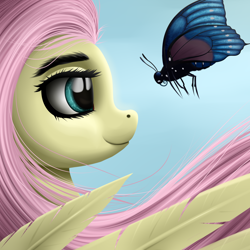 Size: 3000x3000 | Tagged: safe, artist:palibrik, fluttershy, butterfly, pegasus, pony, g4, cute, feather, female, high res, looking at each other, mare, shyabetes, smiling