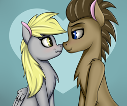 Size: 3000x2500 | Tagged: safe, artist:palibrik, derpy hooves, doctor whooves, time turner, earth pony, pegasus, pony, g4, blushing, chest fluff, duo, female, heart, heart background, high res, male, mare, nuzzling, ship:doctorderpy, shipping, sitting, smiling, stallion, straight