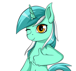 Size: 3000x2800 | Tagged: safe, artist:palibrik, lyra heartstrings, unicorn, anthro, g4, chest fluff, female, high res, mare, one eye closed, simple background, smiling, solo, thumbs up, transparent background, wink