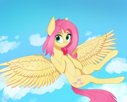 Size: 1250x1000 | Tagged: safe, artist:stravy_vox, fluttershy, pegasus, pony, g4, blushing, cloud, cute, drink, female, flying, mare, shyabetes, sky, soda can, solo, spread wings, straw, wings