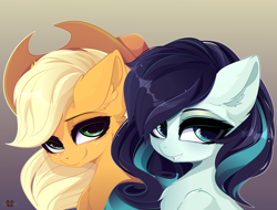 Size: 5250x4000 | Tagged: safe, artist:xsatanielx, applejack, coloratura, earth pony, pony, rcf community, g4, absurd resolution, cute, duo, ear fluff, female, gradient background, jackabetes, mare, rarabetes, smiling, smiling at you