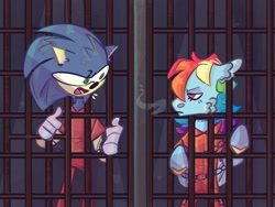 Size: 2224x1668 | Tagged: safe, artist:almostthursday, rainbow dash, g4, cell, chains, clothes, crossover, jail, male, prison, prison outfit, prisoner rd, sonic the hedgehog, sonic the hedgehog (series)