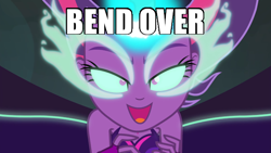 Size: 600x338 | Tagged: safe, edit, edited screencap, screencap, sci-twi, twilight sparkle, equestria girls, g4, my little pony equestria girls: friendship games, bare shoulders, bend over, caption, evil twilight, glowing eyes, image macro, lidded eyes, looking at you, midnight sparkle, sleeveless, solo, strapless, text
