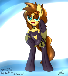 Size: 2200x2455 | Tagged: safe, artist:almaustral, oc, oc only, oc:billy rose, earth pony, pony, abstract background, bipedal, clothes, earth pony oc, high res, open mouth, signature, smiling, solo