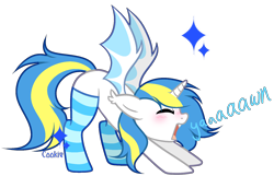 Size: 1630x1050 | Tagged: safe, artist:mint-light, oc, oc only, alicorn, bat pony, bat pony alicorn, pony, bat pony oc, bat wings, clothes, commission, eyes closed, horn, signature, simple background, socks, solo, striped socks, transparent background, wings, yawn, ych result