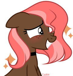 Size: 3861x4016 | Tagged: safe, artist:mint-light, oc, oc only, earth pony, pony, blushing, choker, commission, earth pony oc, eyelashes, freckles, grin, signature, simple background, smiling, solo, white background, ych result