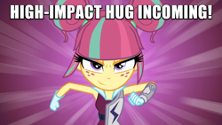 Size: 600x338 | Tagged: safe, edit, edited screencap, screencap, sour sweet, equestria girls, g4, my little pony equestria girls: friendship games, caption, image macro, impact font, incoming hug, it's coming right at us, looking at you, meme, running, text