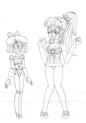 Size: 2283x3240 | Tagged: safe, artist:supra80, sci-twi, twilight sparkle, robot, equestria girls, g4, bikini, clothes, emmy the robot, female, glasses, high res, nandroid, one-piece swimsuit, ponytail, sketch, starry eyes, swimsuit, traditional art, wingding eyes