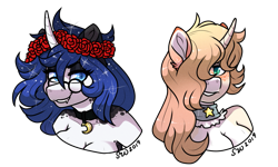 Size: 1269x762 | Tagged: safe, artist:silentwolf-oficial, oc, oc only, unicorn, anthro, blushing, bust, choker, collar, duo, floral head wreath, flower, glasses, hair over one eye, horn, rose, signature, simple background, smiling, transparent background, unicorn oc