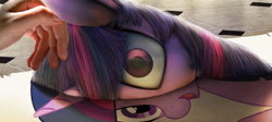 Size: 1441x646 | Tagged: safe, artist:chryseum, edit, twilight sparkle, human, g4, detailed, fourth wall, hand, looking at you, lying down, on side, paper, petting, realistic, stuck, wide eyes