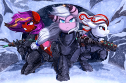 Size: 2620x1742 | Tagged: safe, artist:pridark, oc, oc only, oc:bipen, earth pony, pony, fallout equestria, armor, badass, blizzard, blue eyes, commission, enclave, fallout, grand pegasus enclave, gun, power armor, purple eyes, red eyes, snow, snowfall, squad, storm, weapon