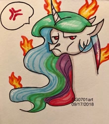 Size: 1080x1227 | Tagged: safe, artist:stargazerseven, princess celestia, alicorn, pony, g4, bust, celestia is not amused, cross-popping veins, female, fire, mare, pictogram, solo, traditional art, unamused