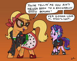 Size: 3070x2427 | Tagged: safe, artist:docwario, gameloft, applejack, starlight glimmer, earth pony, pony, unicorn, g4, clothes, dialogue, duo, ear piercing, female, gameloft interpretation, glasses, gradient background, high res, jacktober, looking at each other, mare, open mouth, orange background, piercing, simple background, speech bubble, tattoo