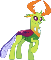 Size: 2563x3002 | Tagged: safe, artist:lightningbolt, derpibooru exclusive, thorax, changedling, changeling, g4, .svg available, curved horn, folded wings, grin, happy, high res, horn, horns, king thorax, looking at you, male, raised hoof, show accurate, simple background, smiling, solo, standing, svg, transparent background, vector, wings