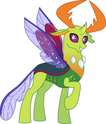 Size: 2563x3002 | Tagged: safe, artist:lightningbolt, derpibooru exclusive, thorax, changedling, changeling, g4, .svg available, curved horn, grin, happy, high res, horn, horns, insect wings, king thorax, looking at you, male, raised hoof, show accurate, simple background, smiling, solo, spread wings, standing, svg, transparent background, vector, wings