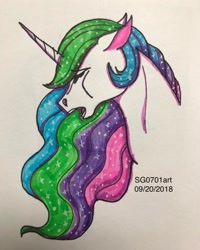 Size: 1080x1350 | Tagged: safe, artist:stargazerseven, princess celestia, alicorn, pony, g4, ethereal mane, eyes closed, female, mare, missing accessory, open mouth, solo, starry mane, traditional art