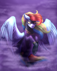 Size: 4000x5000 | Tagged: safe, artist:themessyfangirl, rainbow dash, pegasus, pony, g4, clothes, costume, female, flowing mane, fog, mare, nightmare night costume, redraw, shadowbolt dash, shadowbolts costume, signature, sinister smile, solo