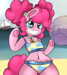 Size: 2480x2750 | Tagged: safe, artist:anykoe, pinkie pie, earth pony, semi-anthro, g4, arm hooves, beach, beach ball, bell, bell collar, belly button, bikini, bipedal, clothes, collar, cowprint, frog (hoof), grin, heart eyes, high res, hind legs, midriff, pigtails, smiling, solo, swimsuit, underhoof, wingding eyes