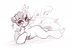 Size: 2048x1536 | Tagged: safe, artist:kebchach, oc, oc only, pony, unicorn, blushing, chest fluff, floating heart, floppy ears, heart, lidded eyes, lying down, monochrome, prone, shoulder fluff, simple background, sketch, solo, speech bubble, white background