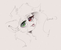 Size: 1230x1014 | Tagged: safe, artist:kebchach, oc, oc only, pony, bust, cheek fluff, chest fluff, ear fluff, floppy ears, forked tongue, heterochromia, meh, sketch, solo, tired, tongue out