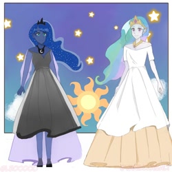 Size: 1080x1080 | Tagged: safe, artist:leoooo, artist:vanilllasalt, princess celestia, princess luna, alicorn, human, g4, anime style, female, humanized, moon, princess, siblings, sisters, sun