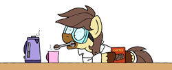 Size: 3594x1472 | Tagged: safe, artist:bobthedalek, oc, oc only, oc:calpain, earth pony, pony, clothes, coffee, goggles, kettle, lab coat, mouth hold, mug, simple background, solo, spoon, white background