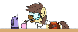 Size: 3594x1472 | Tagged: safe, artist:bobthedalek, oc, oc only, oc:caspasin42, earth pony, pony, clothes, coffee, goggles, kettle, lab coat, mouth hold, mug, simple background, solo, spoon, white background