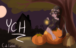 Size: 1920x1221 | Tagged: safe, artist:cali luminos, anthro, animated, breasts, broom, clothes, commission, dress, female, furry, halloween, hangout, holiday, lantern, moon, night, pose, pumpkin, scenery, solo, tree, your character here