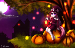Size: 3830x2436 | Tagged: safe, artist:cali luminos, oc, oc only, unicorn, anthro, unguligrade anthro, broom, clothes, commission, dress, female, halloween, hangout, holiday, lantern, moon, night, pose, pumpkin, scenery, sitting, solo, tree, ych example, your character here