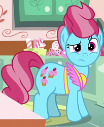 Size: 504x616 | Tagged: safe, screencap, cup cake, earth pony, pony, g4, the big mac question, apron, clothes, confused, cropped, ear piercing, female, frown, kitchen, mare, piercing, raised eyebrow, solo