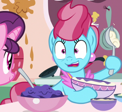 Size: 642x589 | Tagged: safe, screencap, cup cake, sugar belle, earth pony, pony, unicorn, g4, the big mac question, apprentice, bags under eyes, baking, cropped, cute, faic, female, mare, shrunken pupils, smiling, teacher and student