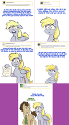 Size: 1502x2721 | Tagged: safe, artist:taffytwist, derpy hooves, doctor whooves, time turner, earth pony, pegasus, pony, lovestruck derpy, g4, ask, dialogue, duo, female, implied time travel, male, mare, necktie, paper, stallion, tumblr comic