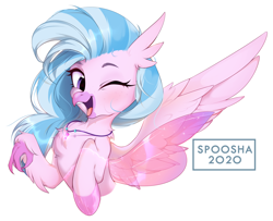 Size: 2498x2030 | Tagged: safe, artist:spoosha, silverstream, classical hippogriff, hippogriff, seapony (g4), g4, bust, cute, diastreamies, female, fins, freckles, high res, mid-transformation, one eye closed, open mouth, seapony silverstream, simple background, solo, transformation, white background, wings, wink