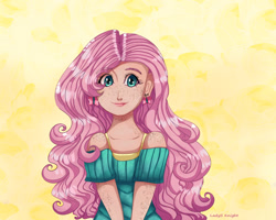 Size: 1280x1024 | Tagged: safe, artist:theladysknight, fluttershy, human, g4, alternate hairstyle, clothes, cute, dress, ear piercing, earring, female, freckles, humanized, jewelry, lipstick, makeup, piercing, shyabetes, solo