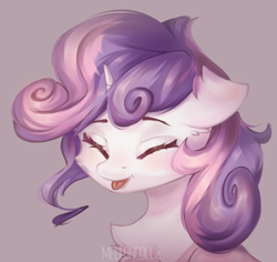 Size: 4000x3772 | Tagged: safe, artist:melloncollie-chan, sweetie belle, pony, unicorn, g4, :p, blushing, bust, cheek fluff, chest fluff, cute, diasweetes, ear fluff, eyes closed, female, fluffy, happy, portrait, simple background, solo, tongue out